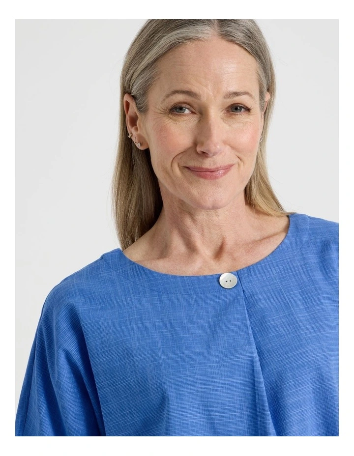 Extended Cuff Sleeve Top With Front Pleat & Button in Cobalt image 2