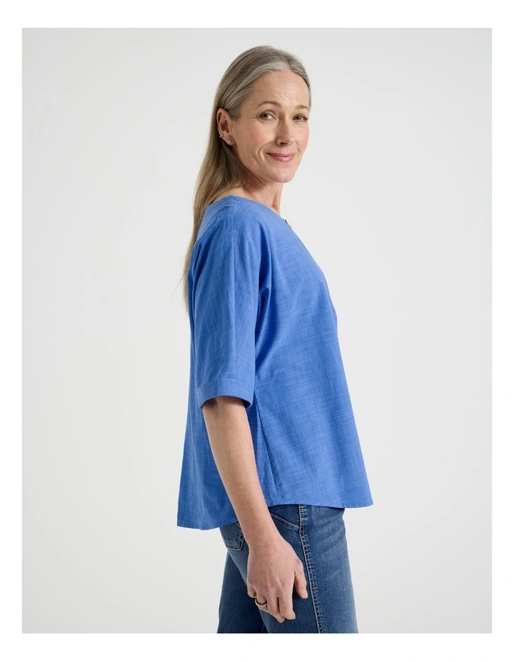 Extended Cuff Sleeve Top With Front Pleat & Button in Cobalt image 4