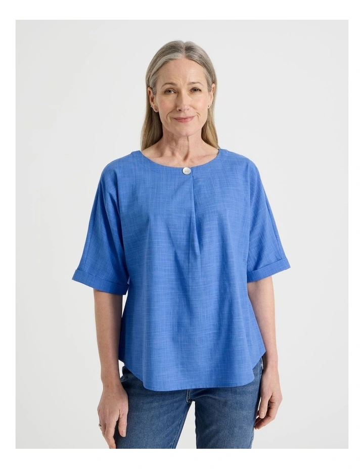 Extended Cuff Sleeve Top With Front Pleat & Button in Cobalt image 5