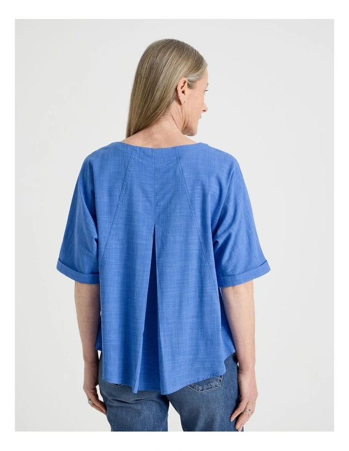 Extended Cuff Sleeve Top With Front Pleat & Button in Cobalt image 6
