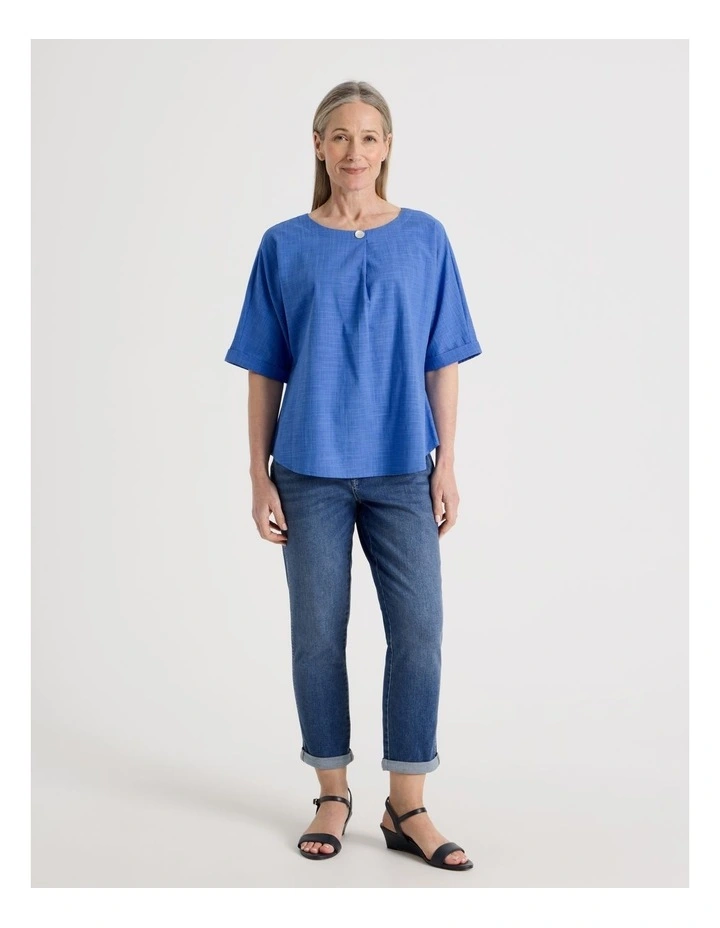 Extended Cuff Sleeve Top With Front Pleat & Button in Cobalt image 7