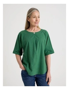Extended Cuff Sleeve Top With Front Pleat & Button in Green