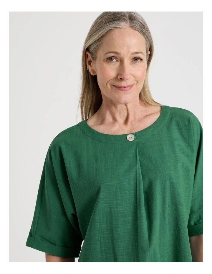 Extended Cuff Sleeve Top With Front Pleat & Button in Green image 2