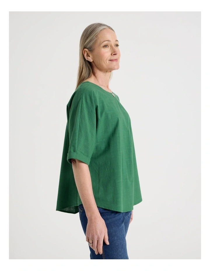 Extended Cuff Sleeve Top With Front Pleat & Button in Green image 3