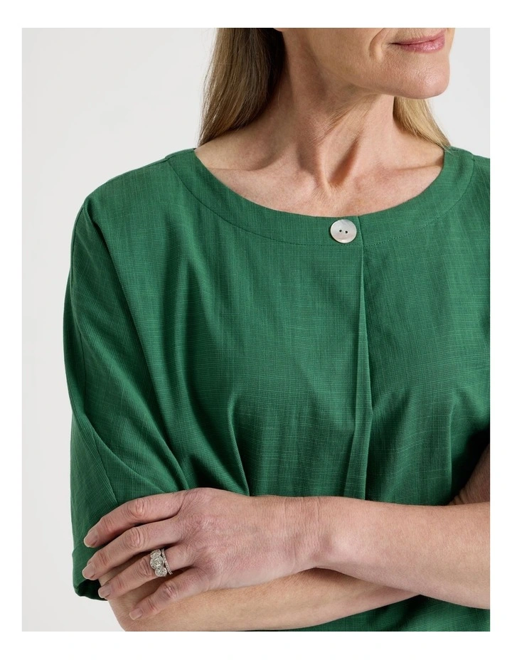Extended Cuff Sleeve Top With Front Pleat & Button in Green image 4