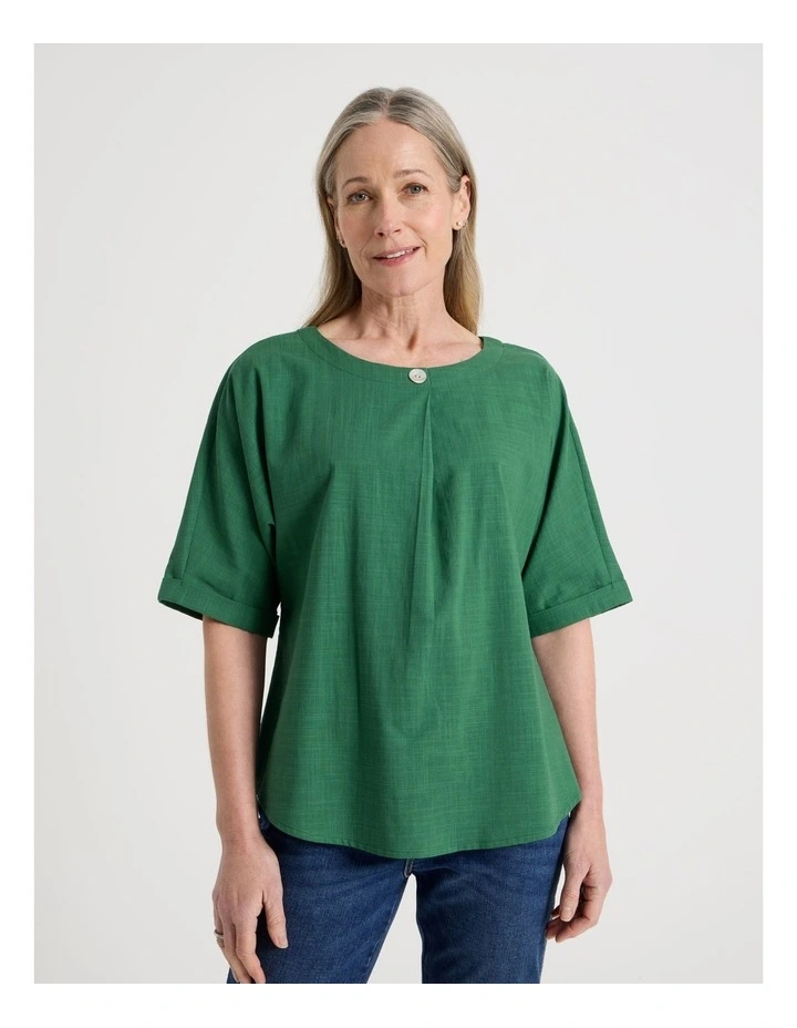 Extended Cuff Sleeve Top With Front Pleat & Button in Green image 5