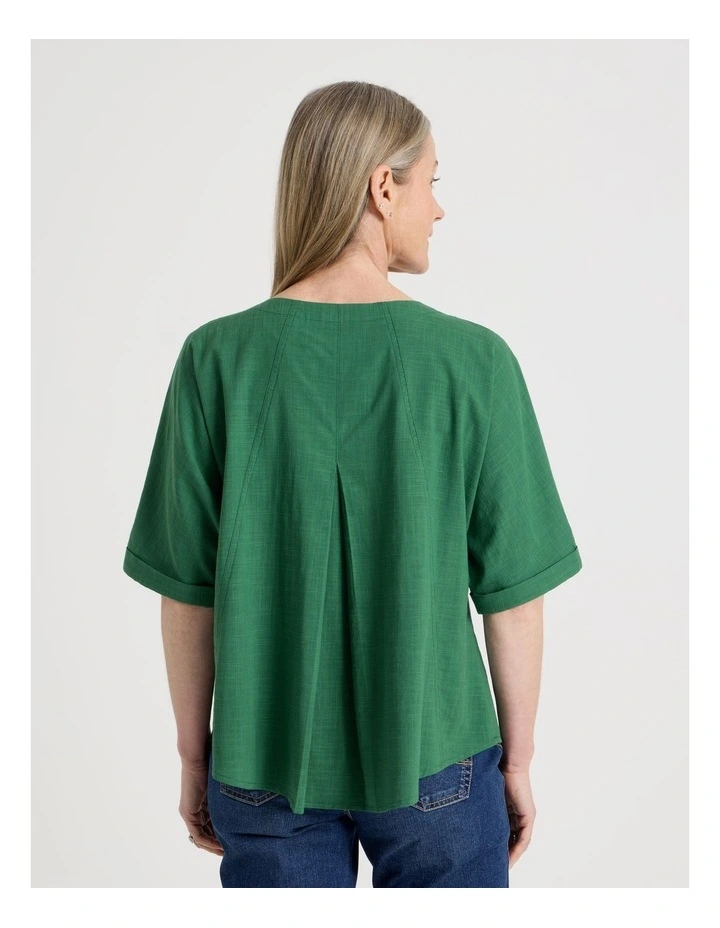 Extended Cuff Sleeve Top With Front Pleat & Button in Green image 6