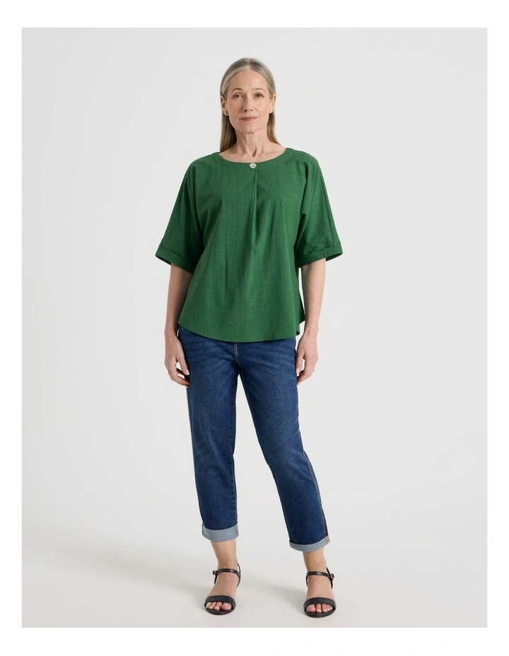 Extended Cuff Sleeve Top With Front Pleat & Button in Green image 7