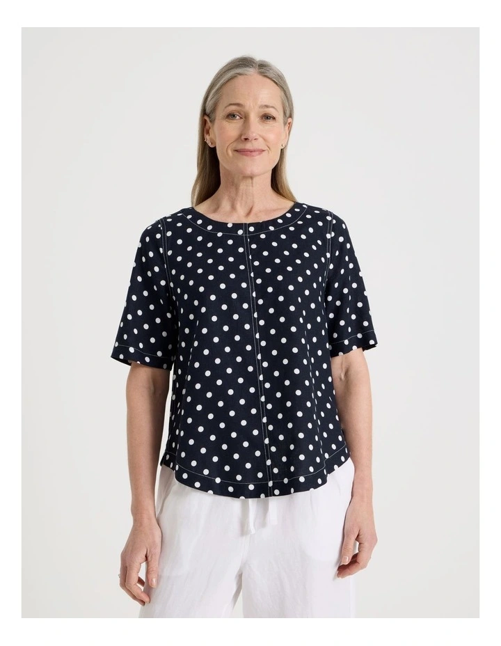 Short Sleeve Top With CF Seam & Curved Hem in Navy/White Spot image 3