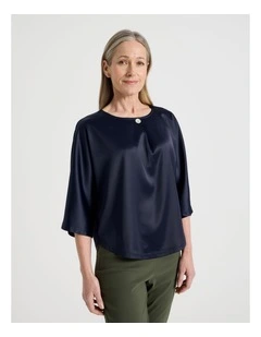 Satin Front Short Magyar Sleeve Mixed Media Tee in Navy