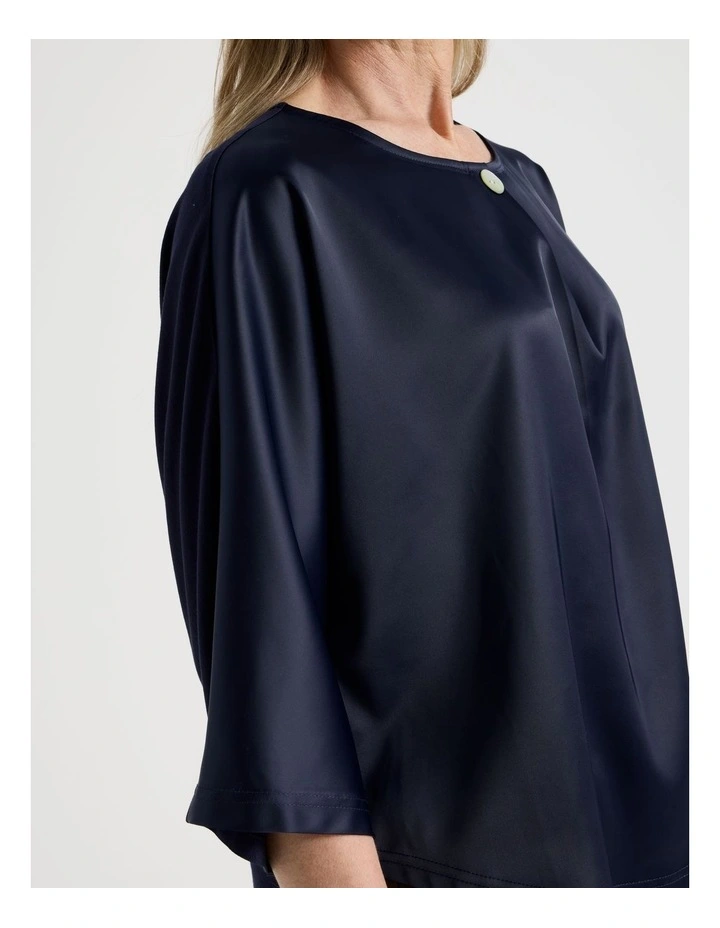 Satin Front Short Magyar Sleeve Mixed Media Tee in Navy image 2