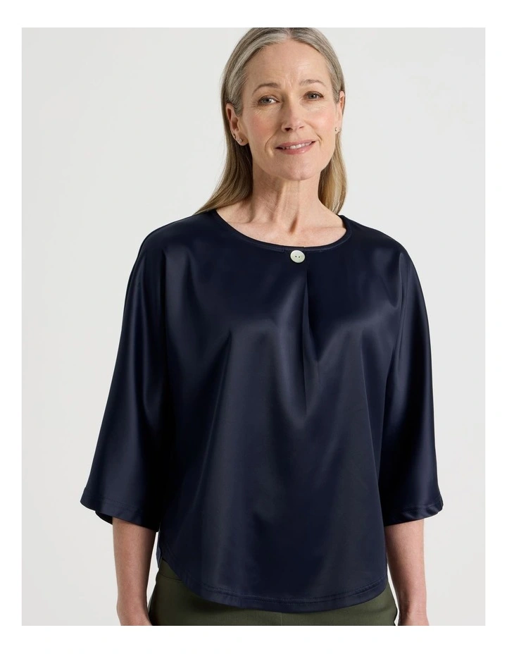 Satin Front Short Magyar Sleeve Mixed Media Tee in Navy image 4