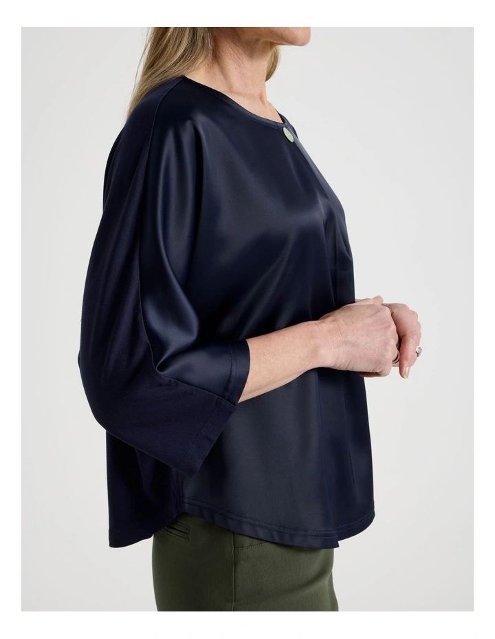 Satin Front Short Magyar Sleeve Mixed Media Tee in Navy image 6