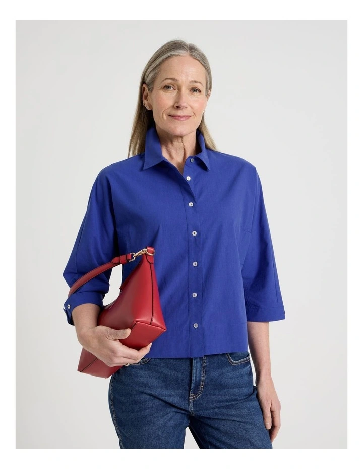 Elbow Length Sleeve Panelled Shirt With Deep Hem & Splits in Cobalt image 1