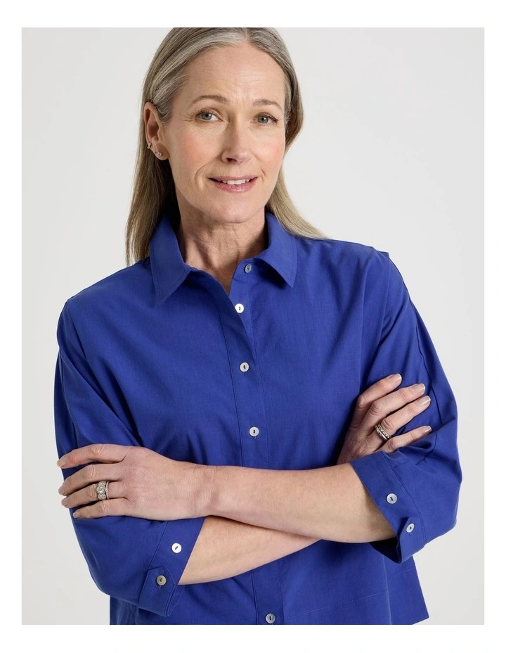 Elbow Length Sleeve Panelled Shirt With Deep Hem & Splits in Cobalt image 2