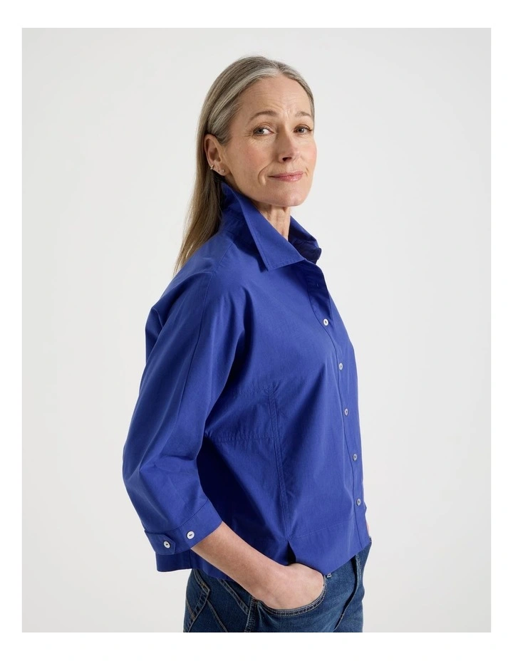 Elbow Length Sleeve Panelled Shirt With Deep Hem & Splits in Cobalt image 3