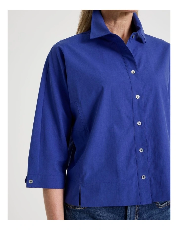 Elbow Length Sleeve Panelled Shirt With Deep Hem & Splits in Cobalt image 5