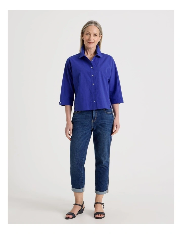 Elbow Length Sleeve Panelled Shirt With Deep Hem & Splits in Cobalt image 7