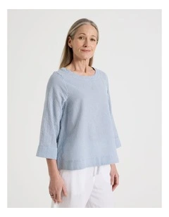 3/4 Sleeve Top With Fold Back Cuff in Blue/White Gingham