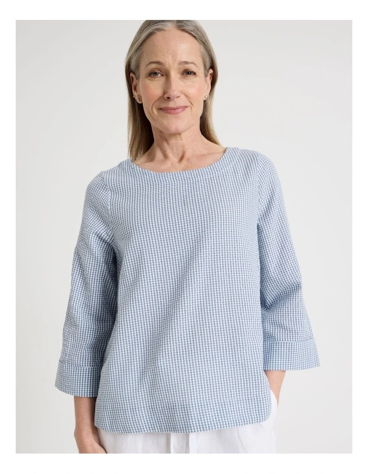 3/4 Sleeve Top With Fold Back Cuff in Blue/White Gingham image 2