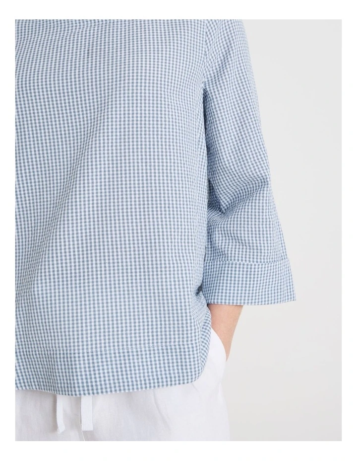 3/4 Sleeve Top With Fold Back Cuff in Blue/White Gingham image 4