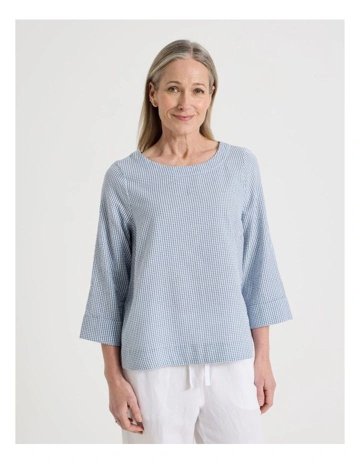 3/4 Sleeve Top With Fold Back Cuff in Blue/White Gingham image 5
