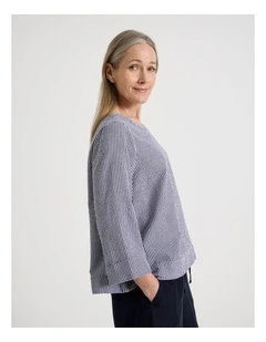 3/4 Sleeve Top With Fold Back Cuff in Navy/White Gingham