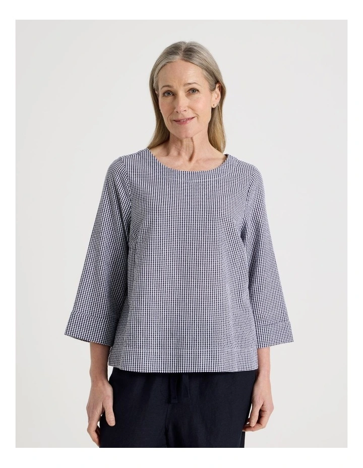 3/4 Sleeve Top With Fold Back Cuff in Navy/White Gingham image 2