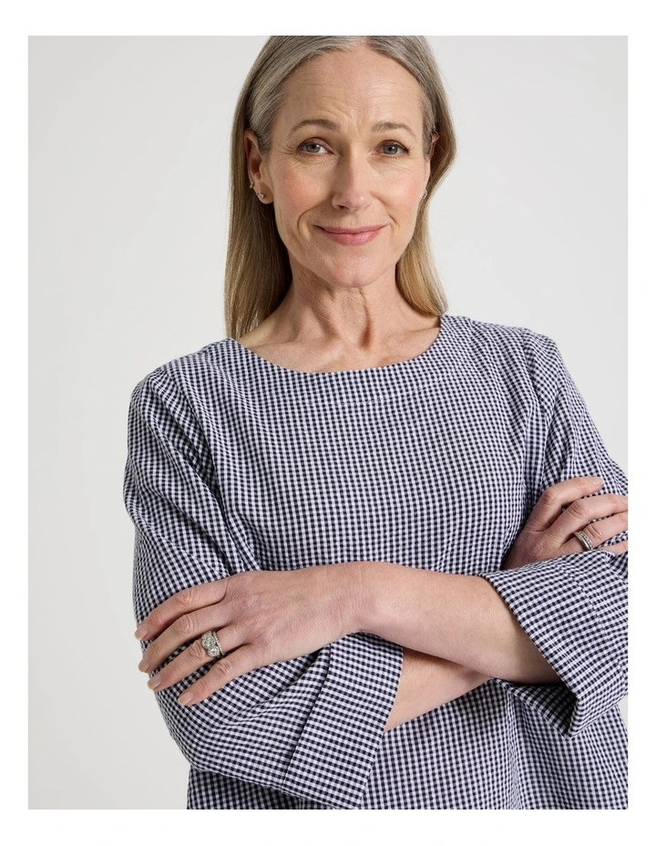 3/4 Sleeve Top With Fold Back Cuff in Navy/White Gingham image 3