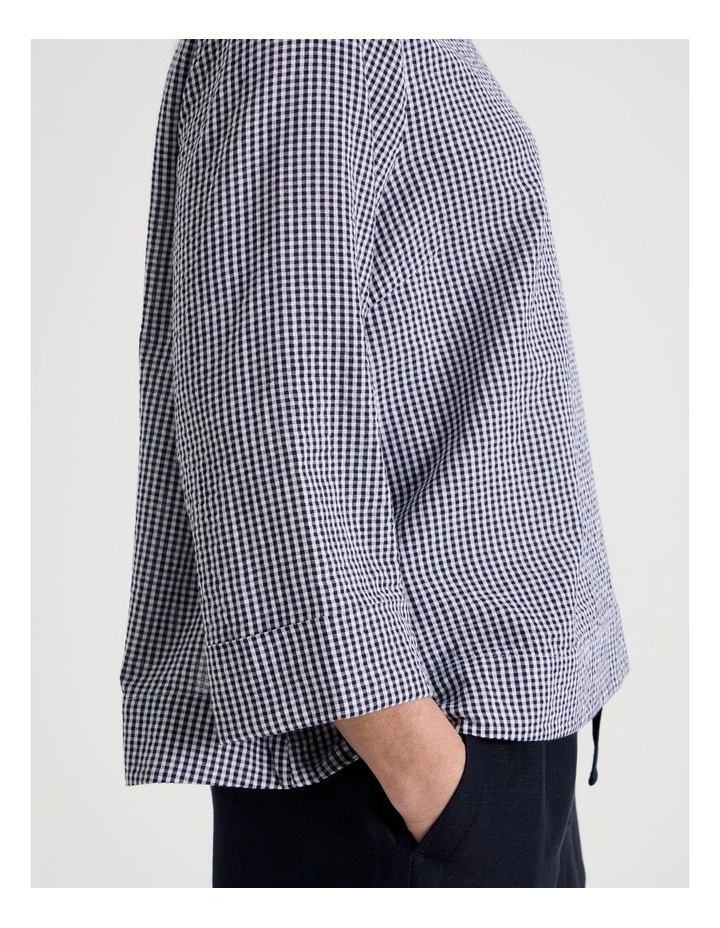 3/4 Sleeve Top With Fold Back Cuff in Navy/White Gingham image 4