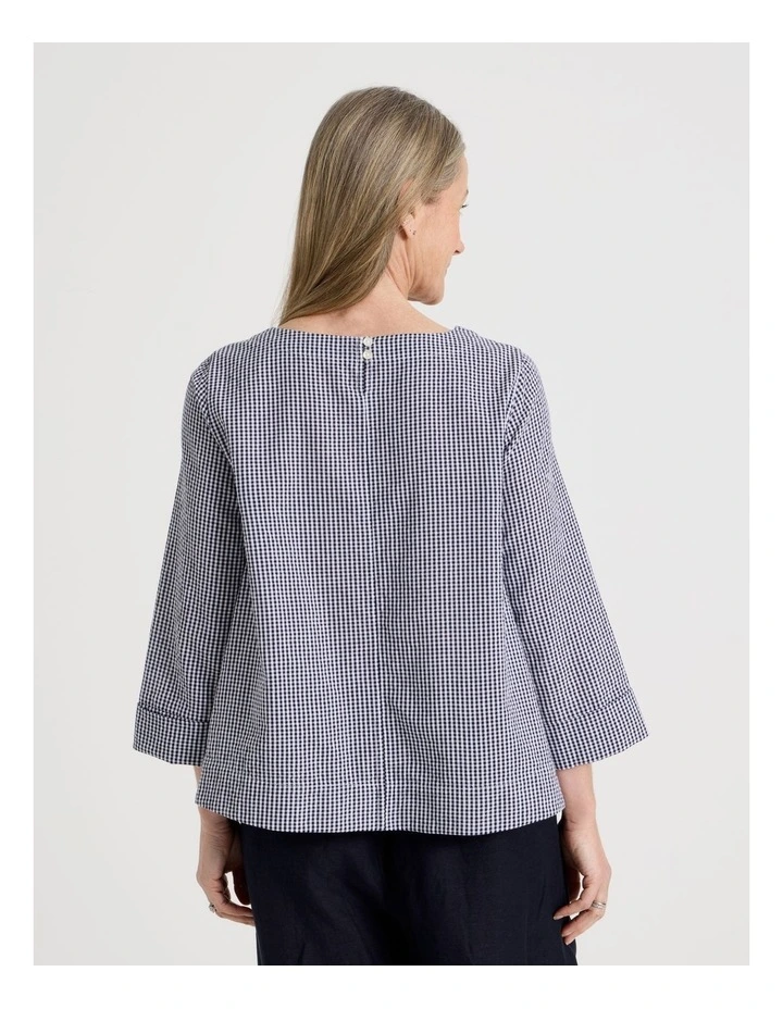 3/4 Sleeve Top With Fold Back Cuff in Navy/White Gingham image 6