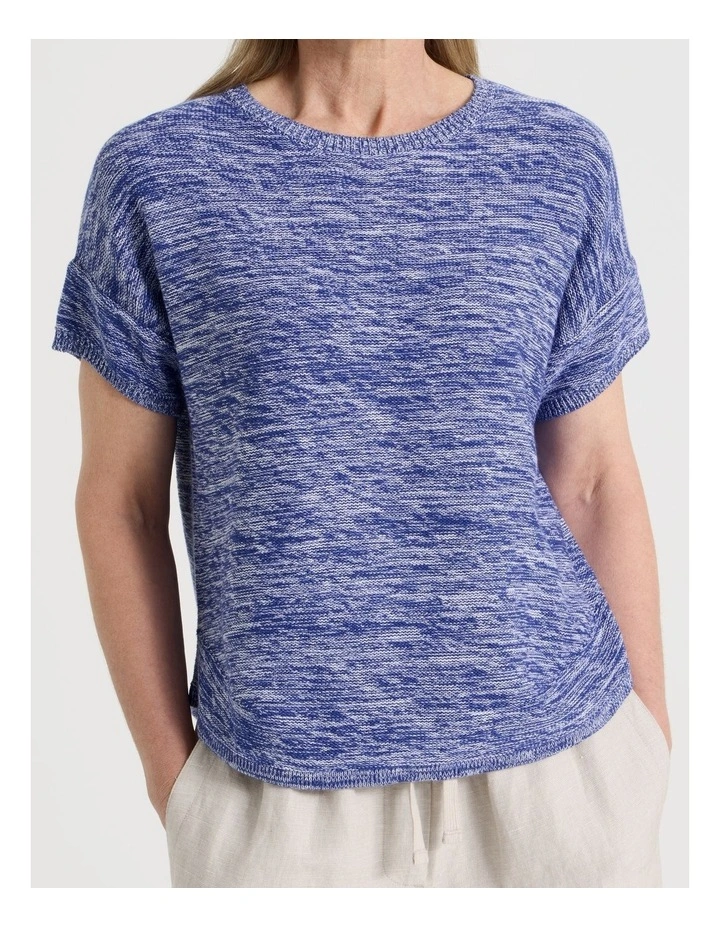 Knitted Extended Sleeve Top With Boat Neck in Blue/Ivory Twist image 2