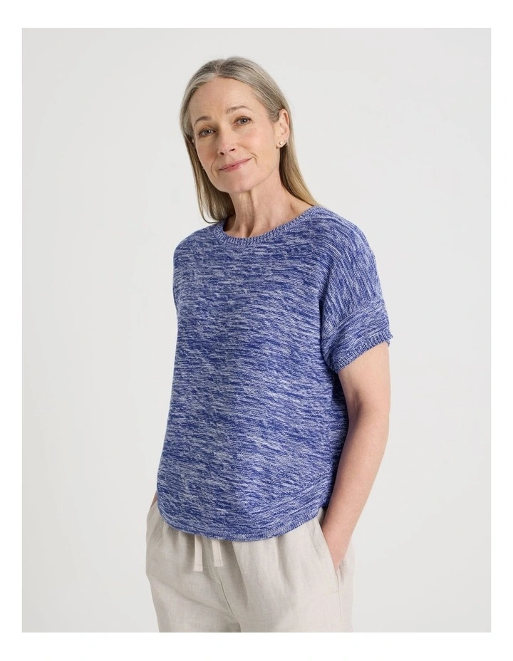 Knitted Extended Sleeve Top With Boat Neck in Blue/Ivory Twist image 3