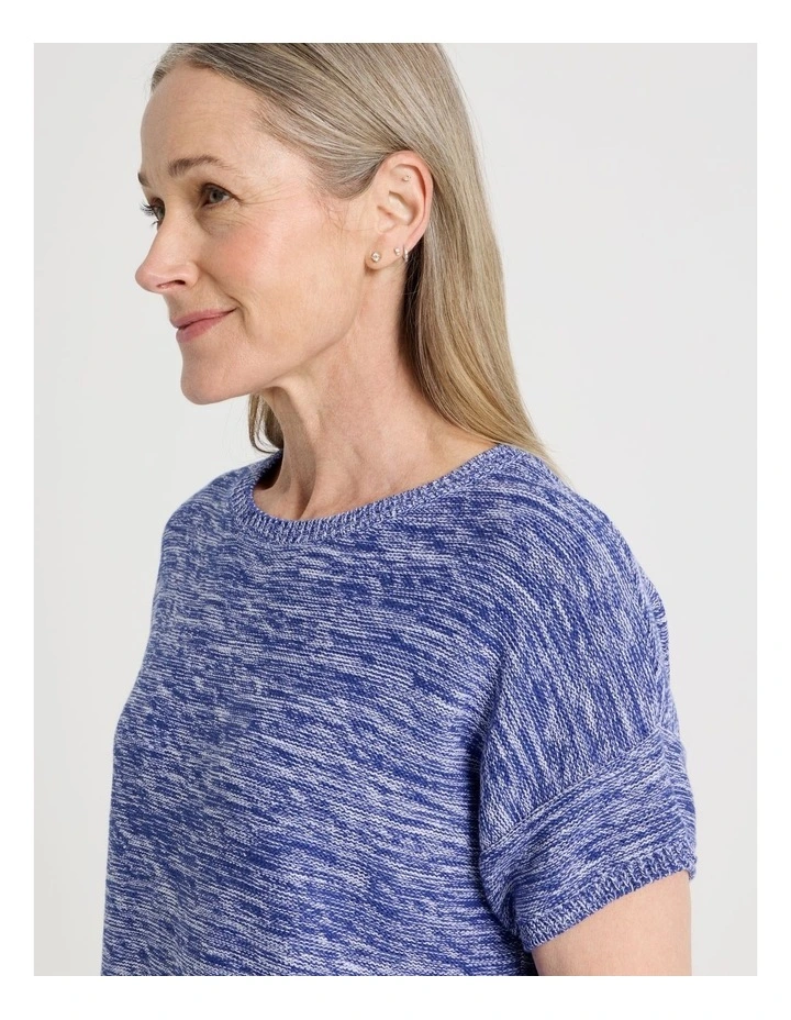Knitted Extended Sleeve Top With Boat Neck in Blue/Ivory Twist image 4