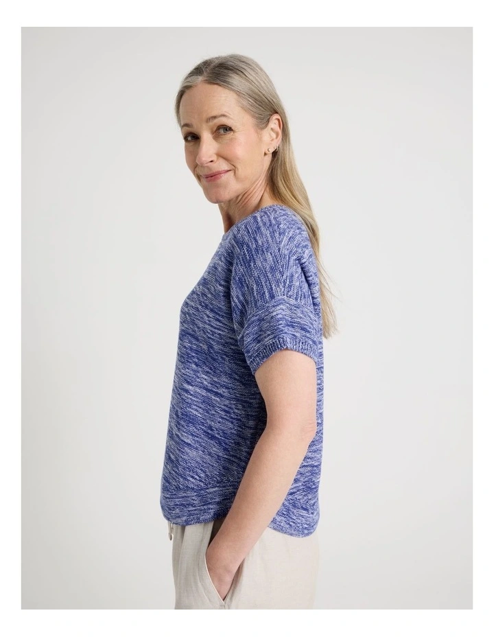 Knitted Extended Sleeve Top With Boat Neck in Blue/Ivory Twist image 5