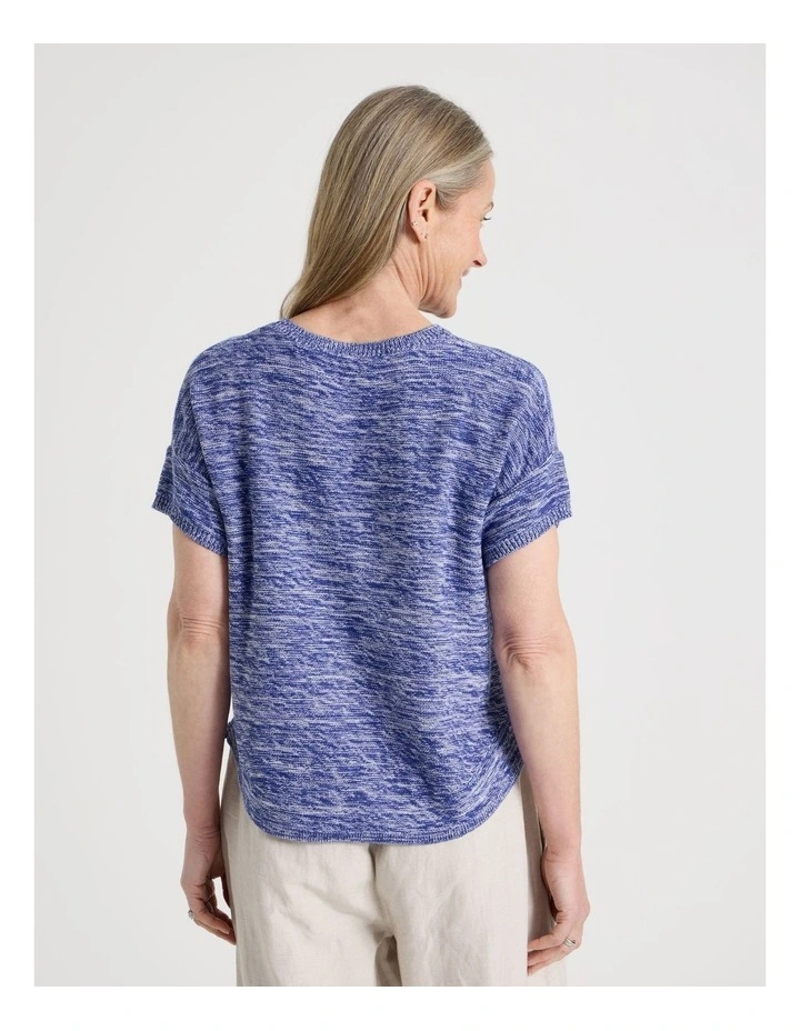 Knitted Extended Sleeve Top With Boat Neck in Blue/Ivory Twist image 6