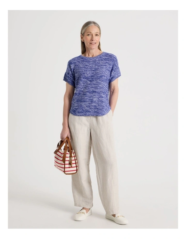 Knitted Extended Sleeve Top With Boat Neck in Blue/Ivory Twist image 7