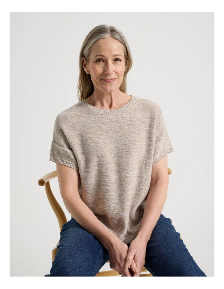 Knitted Extended Sleeve Top With Boat Neck in Neutral/Ivory Twist image 1