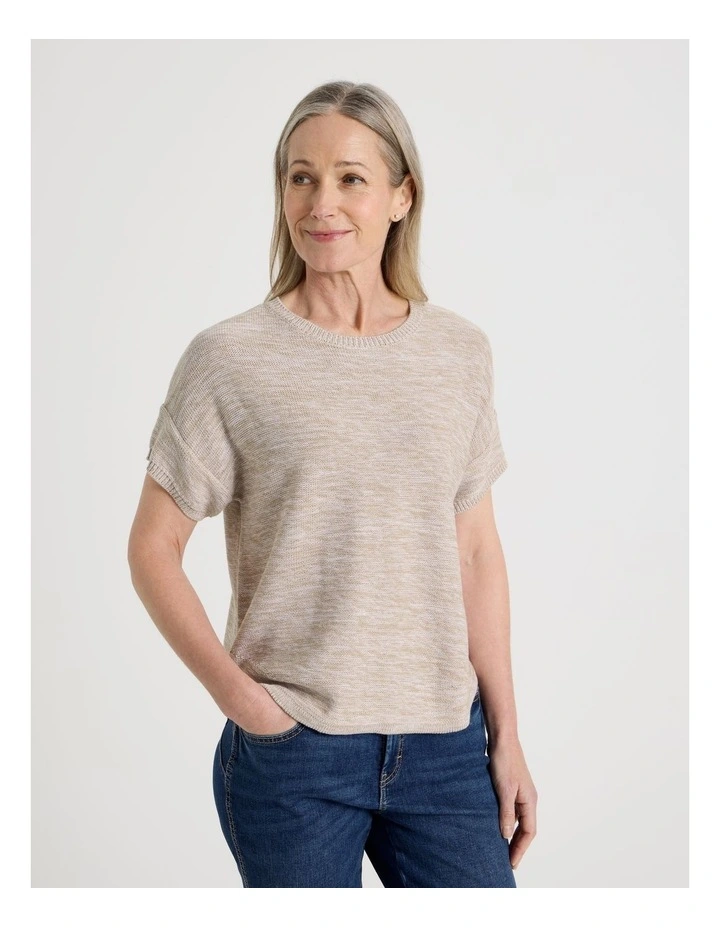 Knitted Extended Sleeve Top With Boat Neck in Neutral/Ivory Twist image 2