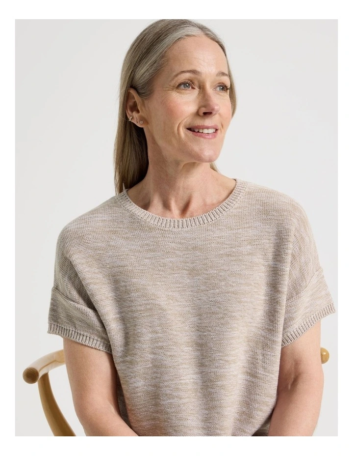 Knitted Extended Sleeve Top With Boat Neck in Neutral/Ivory Twist image 3