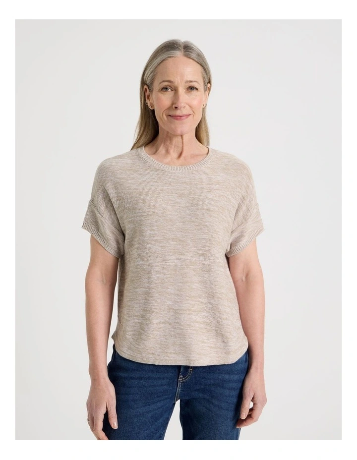 Knitted Extended Sleeve Top With Boat Neck in Neutral/Ivory Twist image 5
