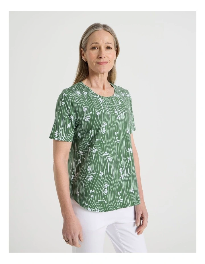 Wardrobe Staple Short Sleeve Tee in Green/White Wavy Stripe/Floral Print image 1