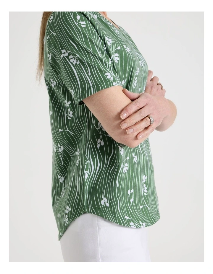Wardrobe Staple Short Sleeve Tee in Green/White Wavy Stripe/Floral Print image 2