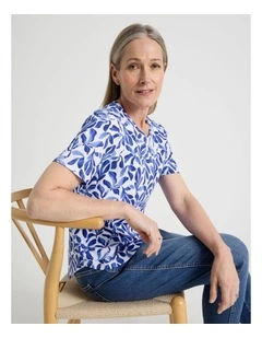 Wardrobe Staple Short Sleeve Tee in White/Blues Watercolour Leaf Print
