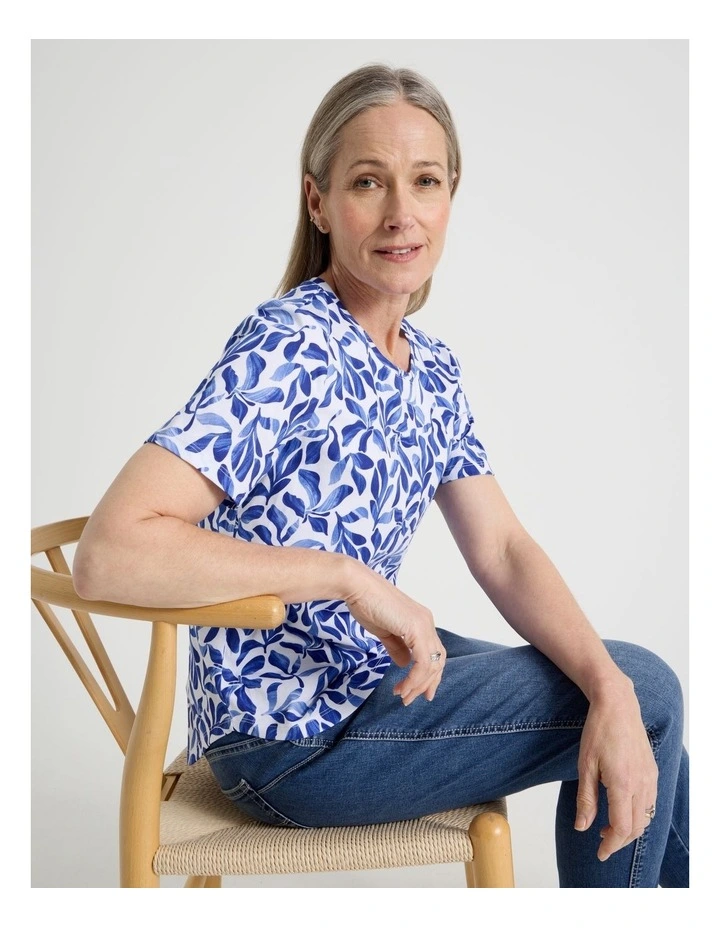 Wardrobe Staple Short Sleeve Tee in White/Blues Watercolour Leaf Print image 1