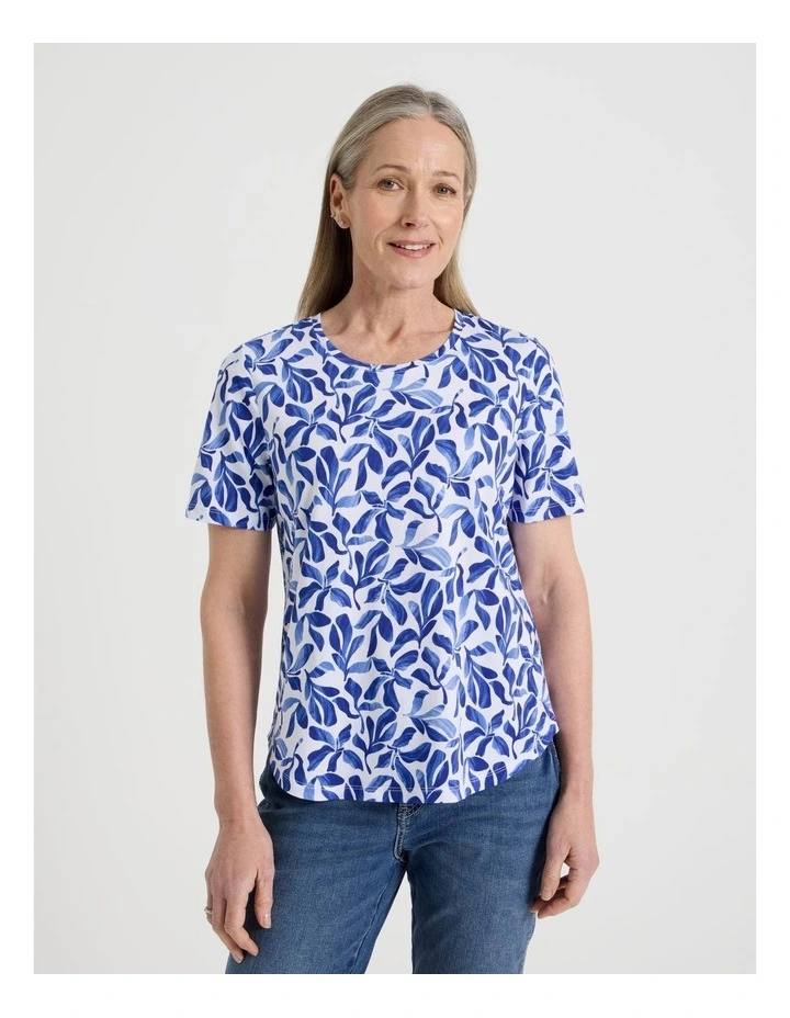 Wardrobe Staple Short Sleeve Tee in White/Blues Watercolour Leaf Print image 2