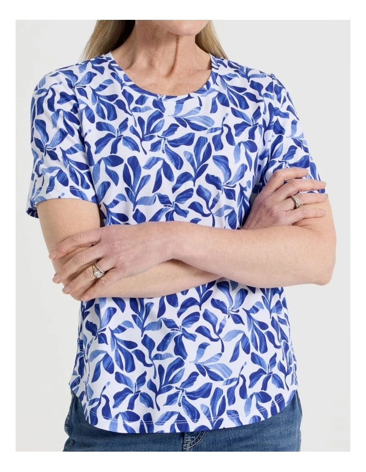 Wardrobe Staple Short Sleeve Tee in White/Blues Watercolour Leaf Print image 3