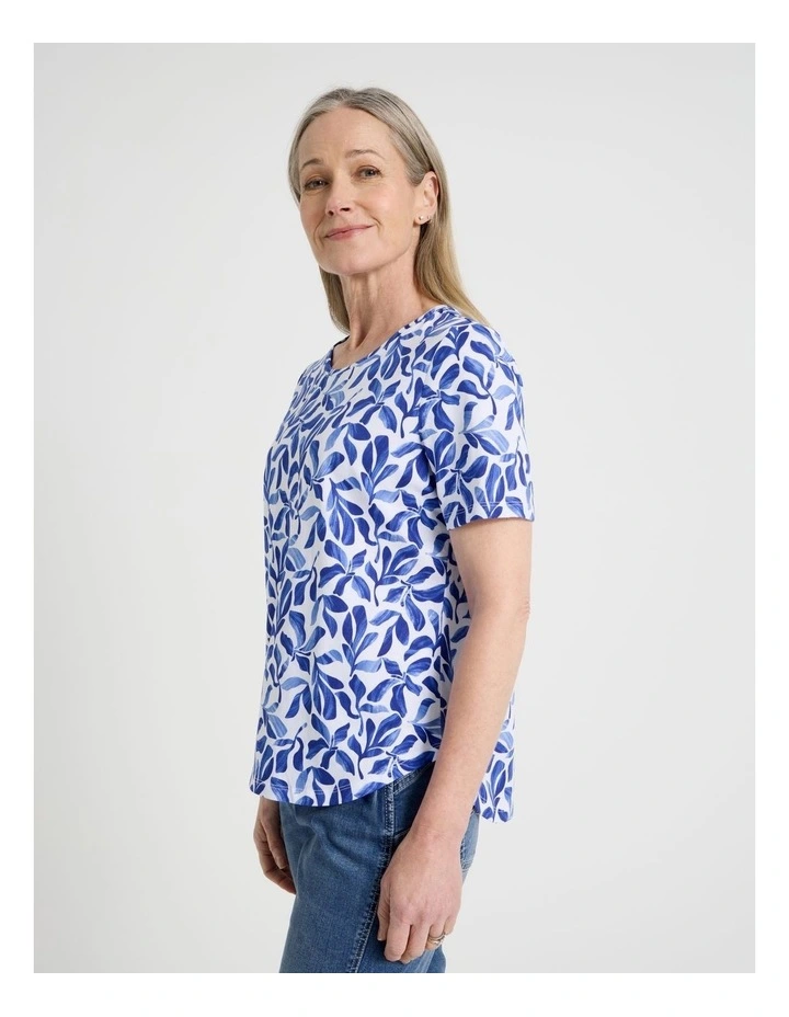 Wardrobe Staple Short Sleeve Tee in White/Blues Watercolour Leaf Print image 4