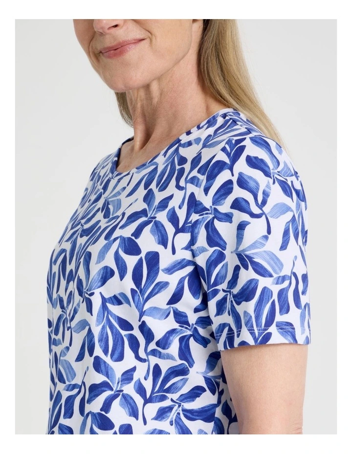 Wardrobe Staple Short Sleeve Tee in White/Blues Watercolour Leaf Print image 5