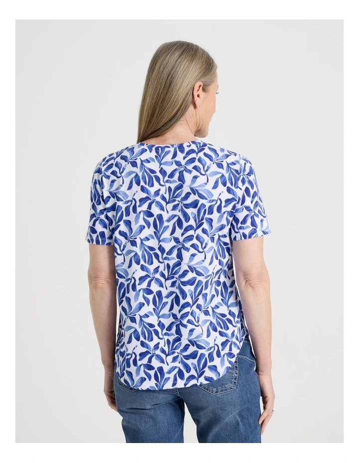 Wardrobe Staple Short Sleeve Tee in White/Blues Watercolour Leaf Print image 6